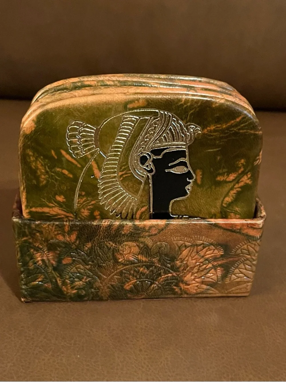 Vintage Egyptian Motif Coasters - Green and Copper Tones (Set of 6)